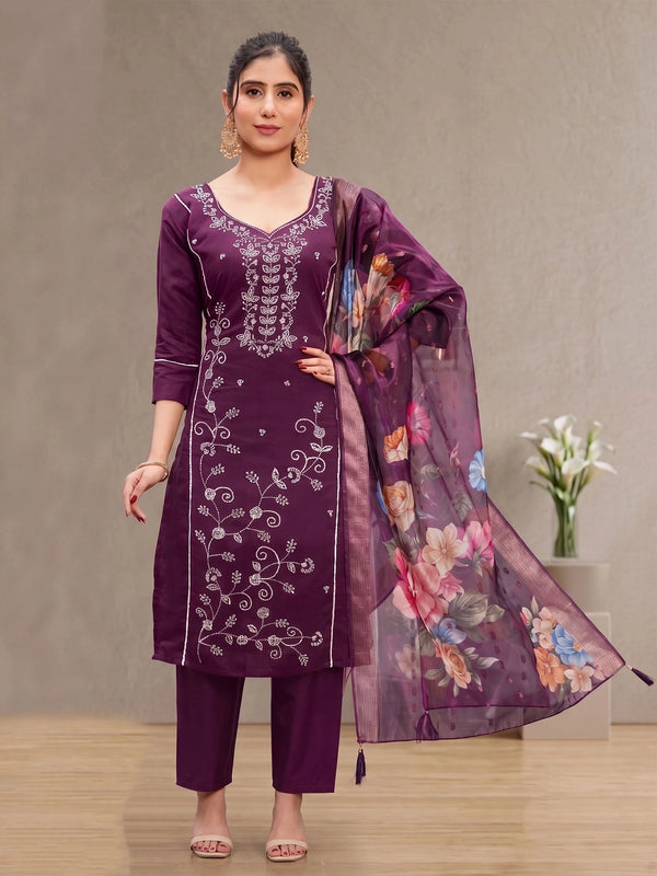 Wine Roman Silk 3-Piece Kurti Set with Embroidery Beads, Elastic Palazzo & Banarasi Dupatta - Wine