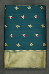 Kamal Paithani Silk Floral Pallu Saree with Design Border, Bottle Green Full Body Butties and Blouse - Bottle Green