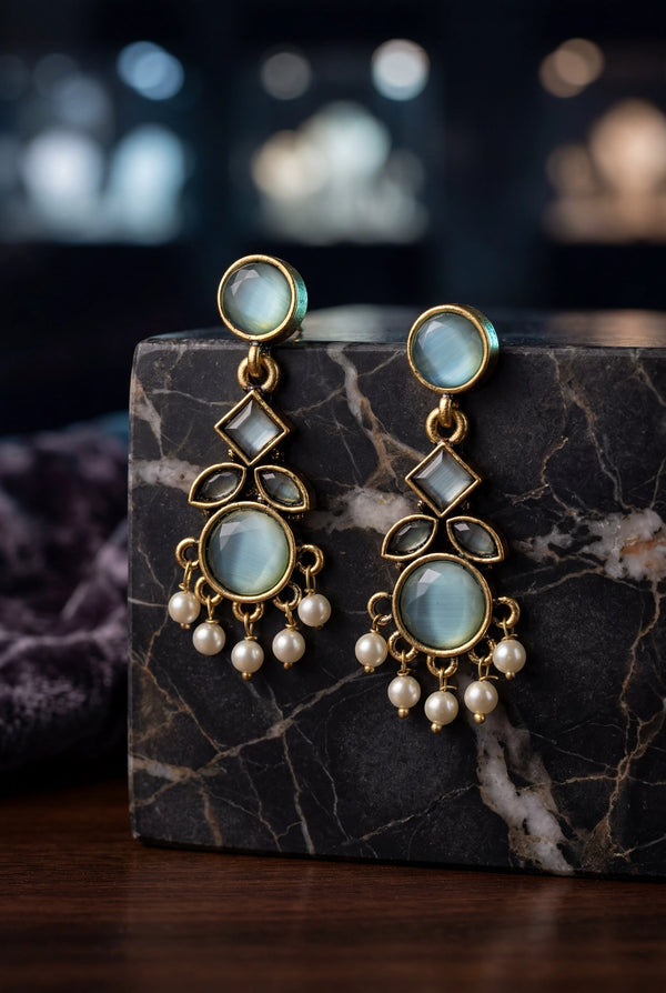 Mint Green Stone & Pearl Drop Gold-Tone Statement Earrings for Women, Oval and Square Design - Mint Green
