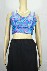 Sky Blue Readymade Padded Designer Blouse with Intricate Zari Woven Motifs, Sleeveless, Back Knot - Sky blue