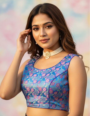 Sky Blue Readymade Padded Designer Blouse with Intricate Zari Woven Motifs, Sleeveless, Back Knot