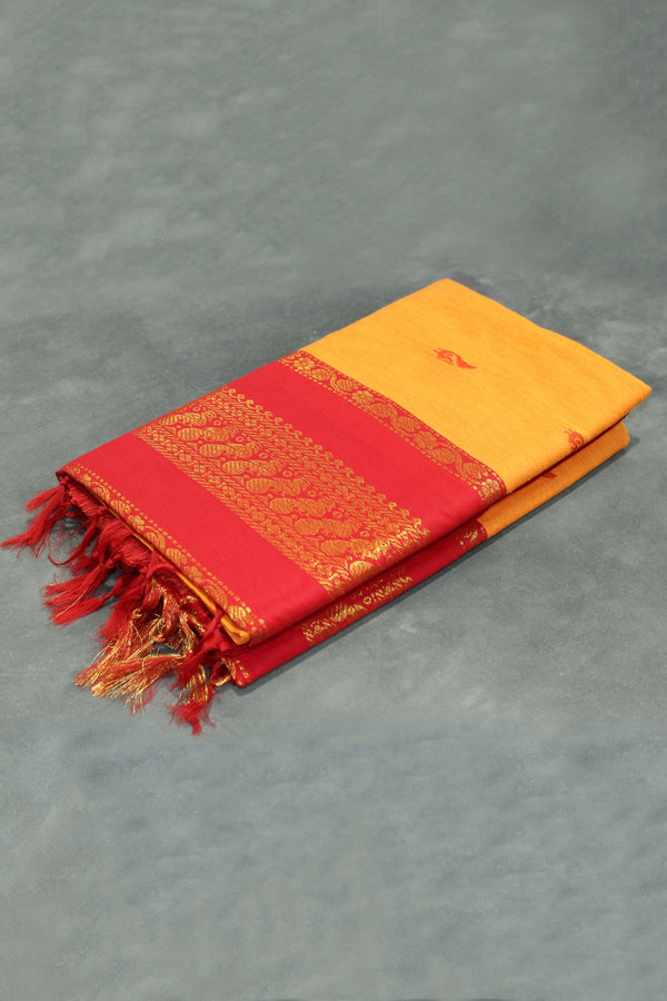 Kalyani Cotton Saree with Zari Border and Putta Designs, Traditional Orange Body with Red Pallu, Blouse Included Saree JCS Fashions Orange 5.5 meters