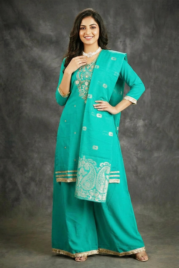 Rama Green Roman Silk Kurti with Palazzo & Banarasi Dupatta, Beaded Embroidery 3-Piece Set - Rama Green