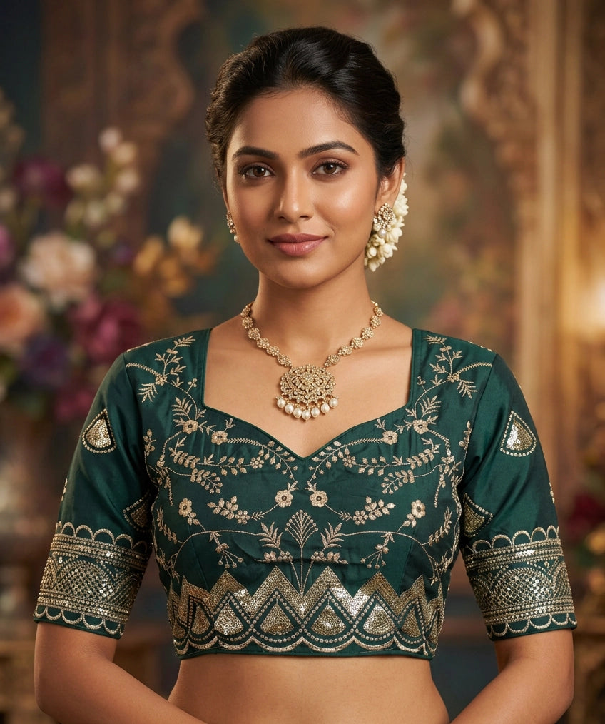 Green Designer Padded Blouse with Embroidery & Sequence Work, Elbow Sleeve, Back Knot, Readymade, Fully Stitched - Green