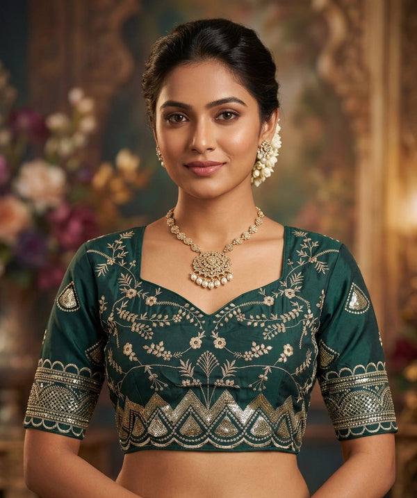 Green Designer Padded Blouse with Embroidery & Sequence Work, Elbow Sleeve, Back Knot, Readymade, Fully Stitched - Green