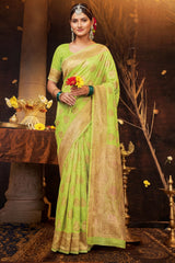 Cotton Shimmer Fabric saree,  saree comes with stone work and grand pallu, designer saree with blouse - Green