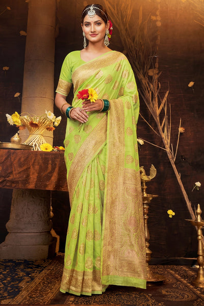 Cotton Shimmer Fabric saree,  saree comes with stone work and grand pallu, designer saree with blouse - Green