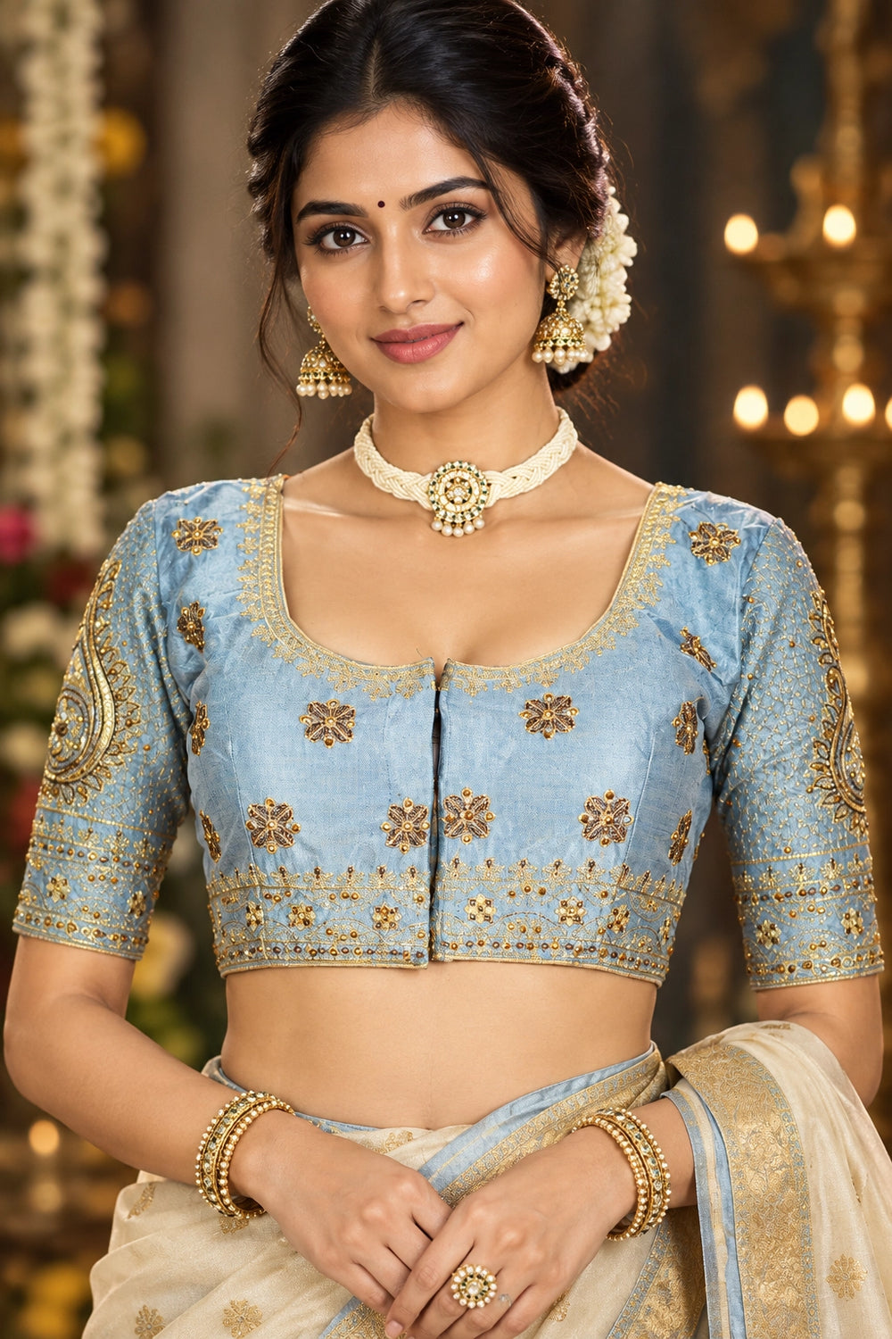 Grey Zari Butta Padded Readymade Designer U-Neck Blouse with Floral Motifs, Elbow Sleeves and Back Knot - Grey