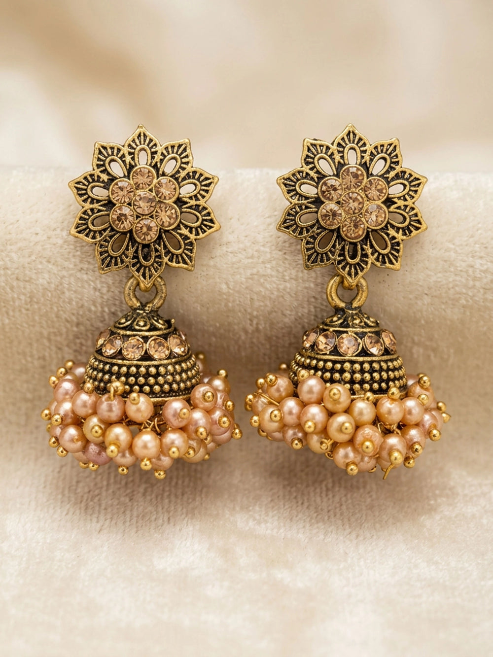 Peach Jhumka Style Floral Stud Drop Earrings with Beaded Cluster for Traditional Wear - Peach