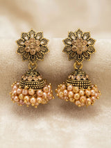Peach Jhumka Style Floral Stud Drop Earrings with Beaded Cluster for Traditional Wear - Peach