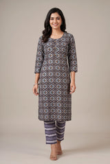 Grey Rayon Kurti Pant Set with Geometric Foil Print, Round Neck 3/4 Sleeves and Elastic Waist - Grey