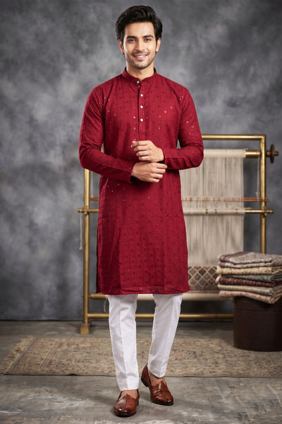 Maroon Men's Lakhnavi Kurta with Resham Embroidery - AI Model Photo 3