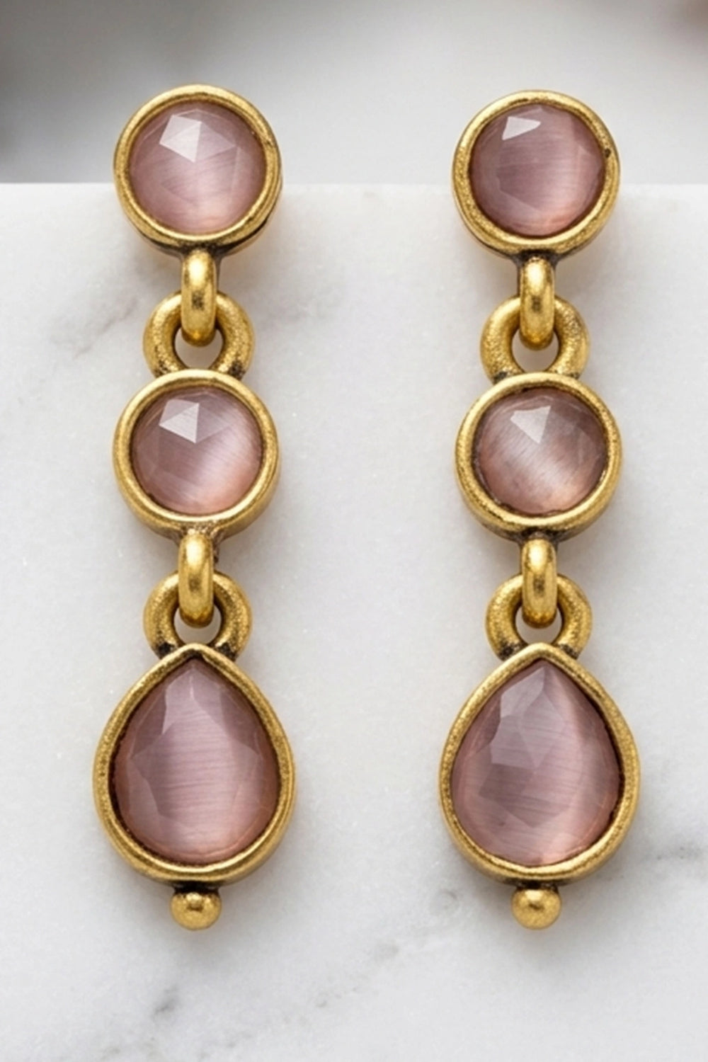 Light Pink Gold-Tone Teardrop Dangling Fashion Earrings with Three Oval Stones, Women Ethnic Party Wear - Light Pink