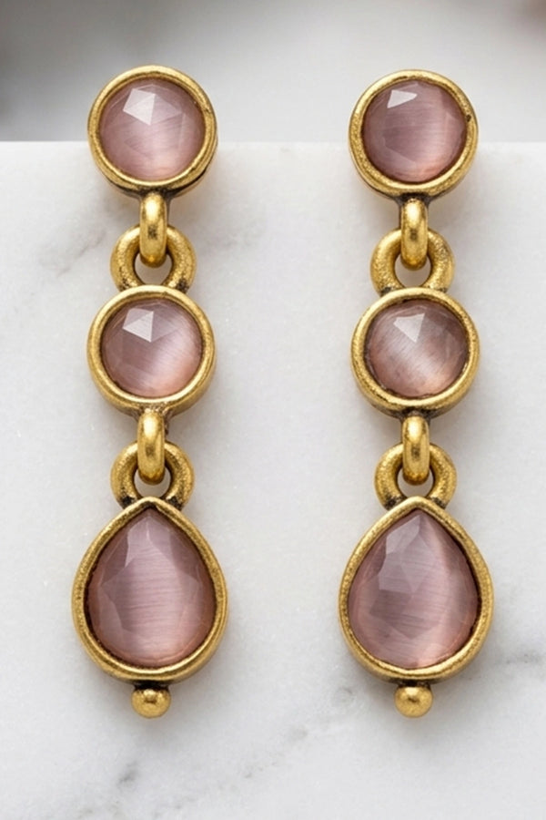Light Pink Gold-Tone Teardrop Dangling Fashion Earrings with Three Oval Stones, Women Ethnic Party Wear - Light Pink
