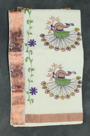 White Kerala Cotton Saree with Rich Peacock Machine