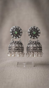 Oxidized Silver-Tone Jhumka Earrings with Studded Stones and Pearl Drops