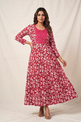 Pink Cotton Anarkali Gown Kurti with Geometric Floral Print and Silver Sequin Stripe Detail - Pink