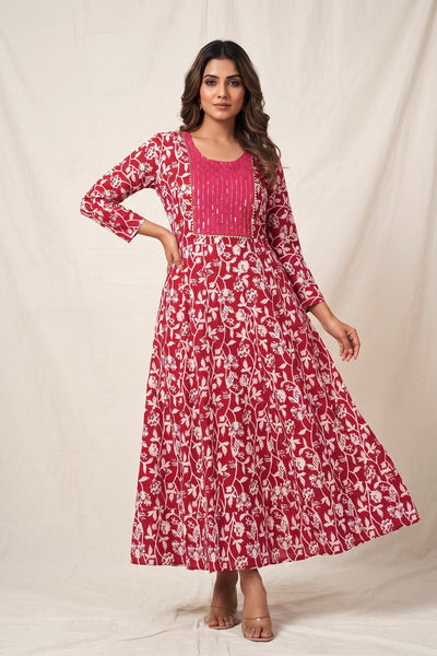 Pink Cotton Anarkali Gown Kurti with Geometric Floral Print and Silver Sequin Stripe Detail - Pink