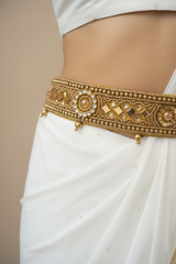 Gold-Tone Embellished Hip Belt with Mirror Accents and Bead Detailing - Traditional Ethnic Waist Belt