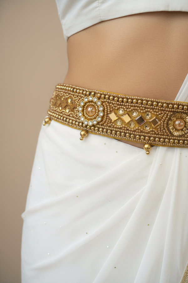 Gold-Tone Embellished Hip Belt with Mirror Accents and Bead Detailing - Traditional Ethnic Waist Belt