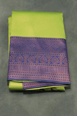 Green Kubera Pattu Semi Silk Saree with Big Peacock Motif & Big Zari Border, Includes Blouse - Green