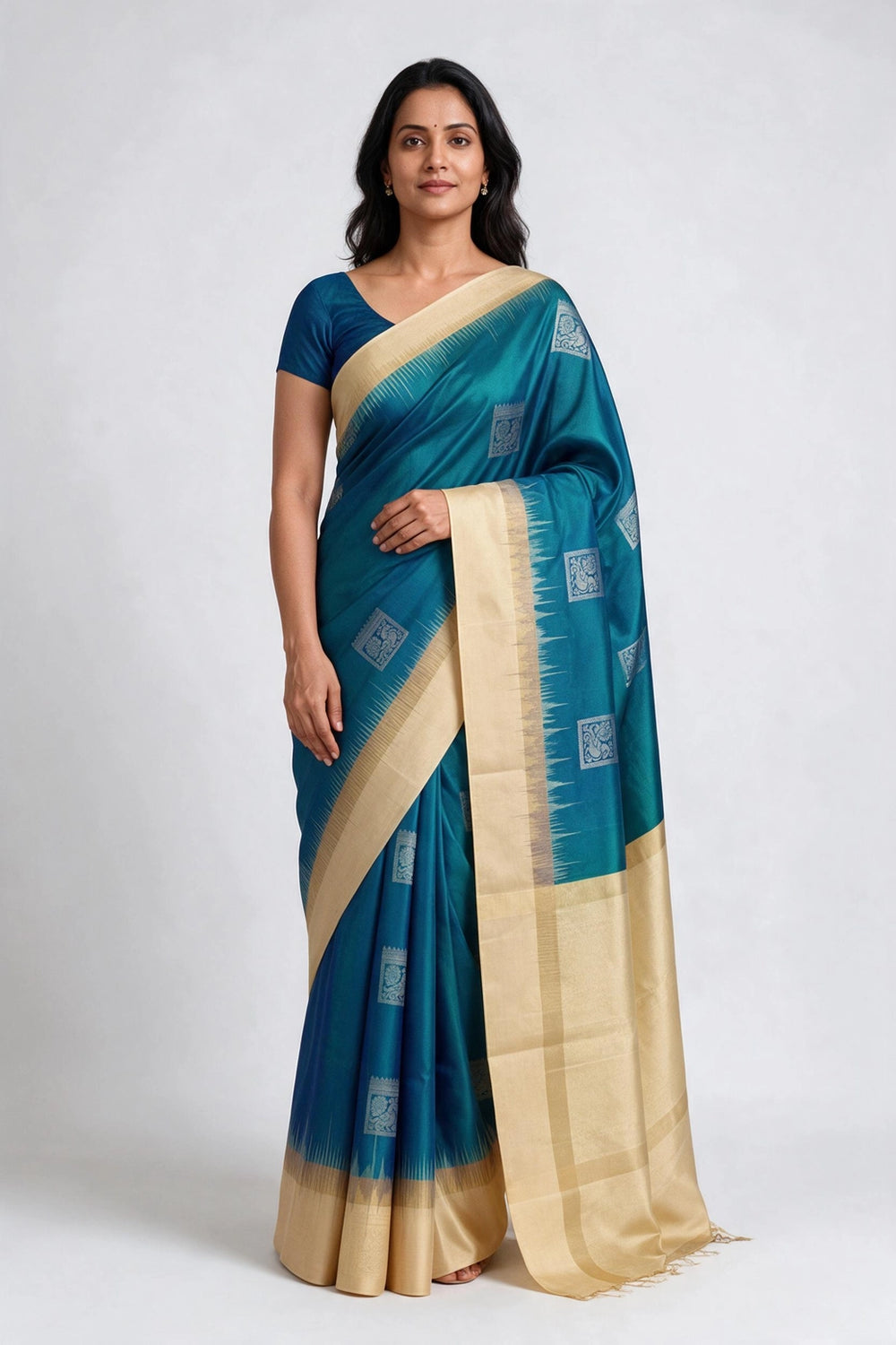 Teal & Green Soft Silk Saree with Contrast Border and Woven Motifs - Teal & Green