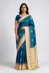 Teal & Green Soft Silk Saree with Contrast Border and Woven Motifs - Teal & Green