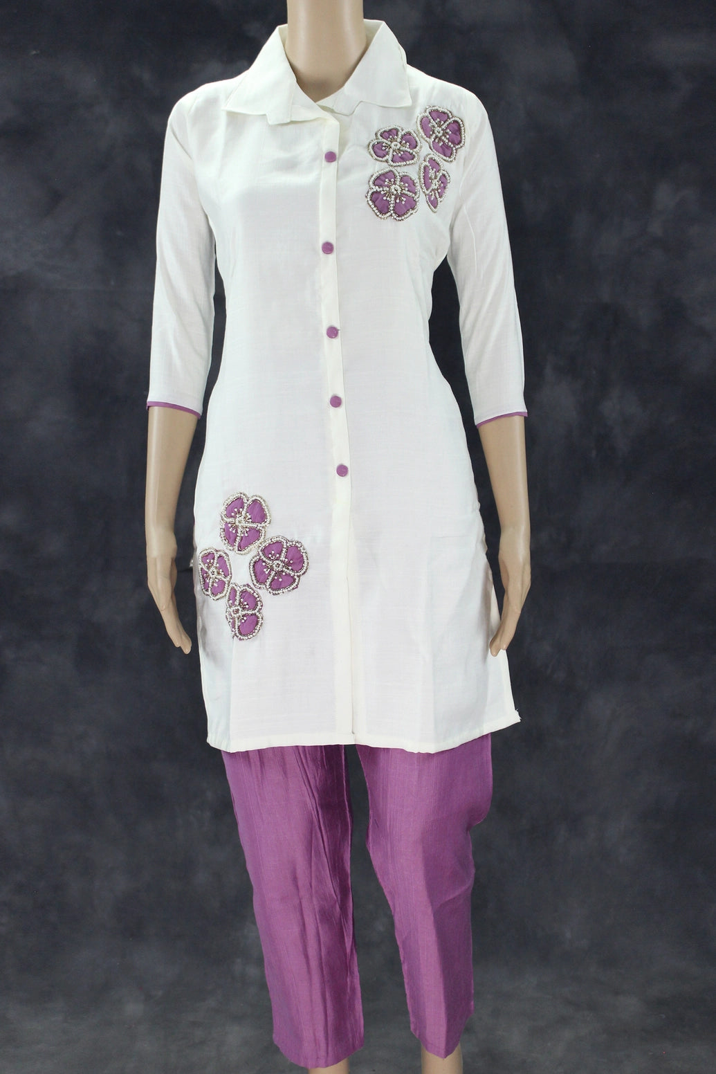 White & Lavender Cotton-Rayon Embroidered Aari Work Kurti Set with Straight Pants - Collar Neck, 3/4 Sleeve Kurti JCS Fashions