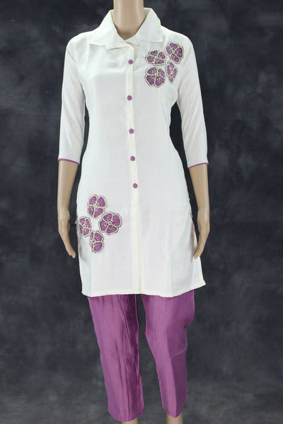 White & Lavender Cotton-Rayon Embroidered Aari Work Kurti Set with Straight Pants - Collar Neck, 3/4 Sleeve Kurti JCS Fashions