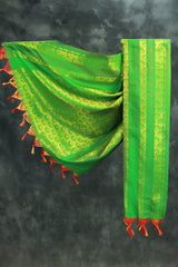 Forest Green Ponnadai Poly Silk Jacquard Temple Shawl with Zari Pattern & Tassels for Functions, 2m Dupatta - Forest Green