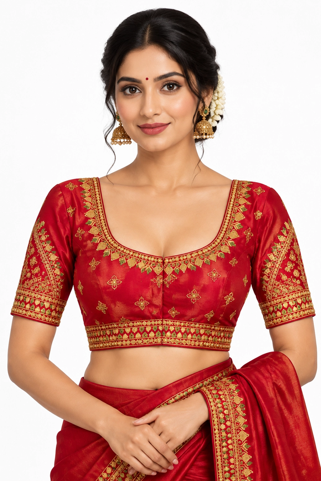 Magenta Designer Padded Blouse with Zari Floral & Paisley Work, U-Neck, Fully Stitched, Elbow Sleeves - Magenta