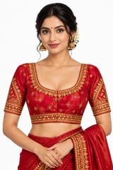 Magenta Designer Padded Blouse with Zari Floral & Paisley Work, U-Neck, Fully Stitched, Elbow Sleeves - Magenta