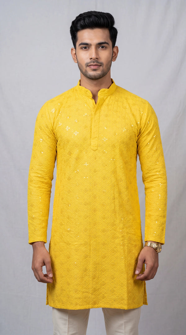 Men Yellow Lakhnavi Kurta with Sequins Look, Traditional Band Collar, Festive Ethnic Wear - Yellow