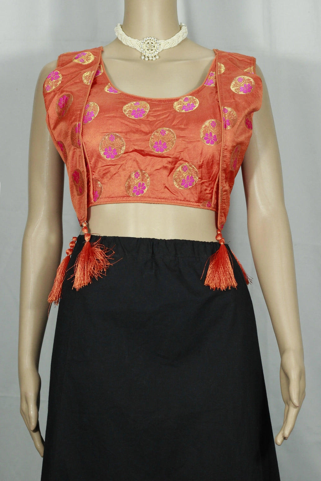 Orange Readymade Designer Padded Blouse with Heavy Jari Work, Tassel Detailing, Elbow Sleeve and Back Knot - Orange