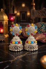 Silver Oxidized Multicolor Jhumka Earrings with Stud Top and Dangler Beads for Festive Traditional Wear - Multi color