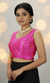 Pink Readymade Designer Padded Blouse with Embroidery, Sleeveless Back Knot and Fully Stitched Finish