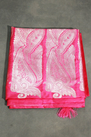 Pink Banarasi Soft Silk Saree with Jari Floral & Mango Motifs, Rich Border and Traditional Pallu