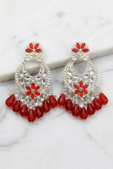 Red Floral Silver-Tone Stone Hoop Earrings with Crescent Center and Bead Danglers for Women - Red