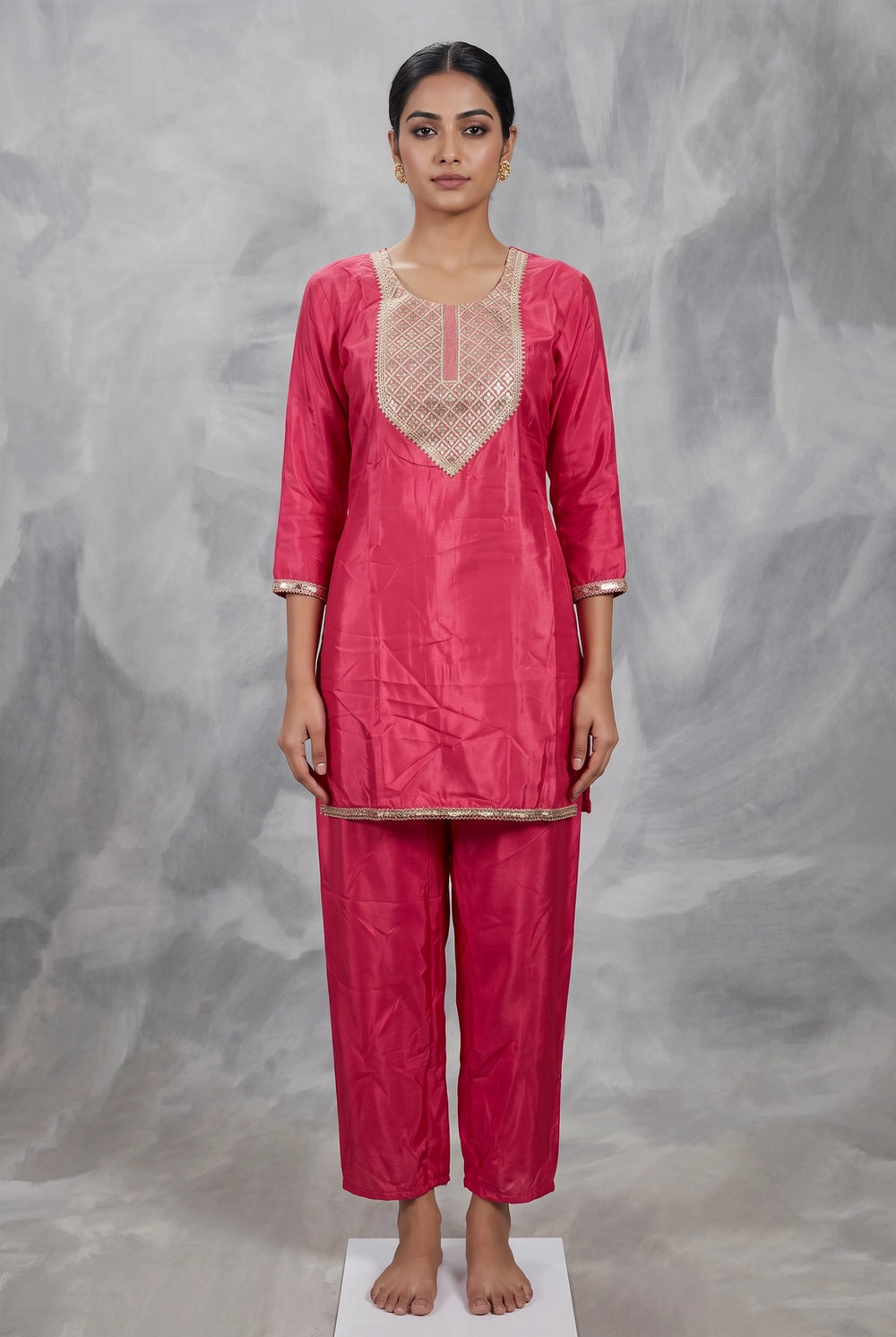 Pink Satin Kurti Set with Silver Geometric Embroidery and Elastic Waist Pant (2-Piece) - Pink