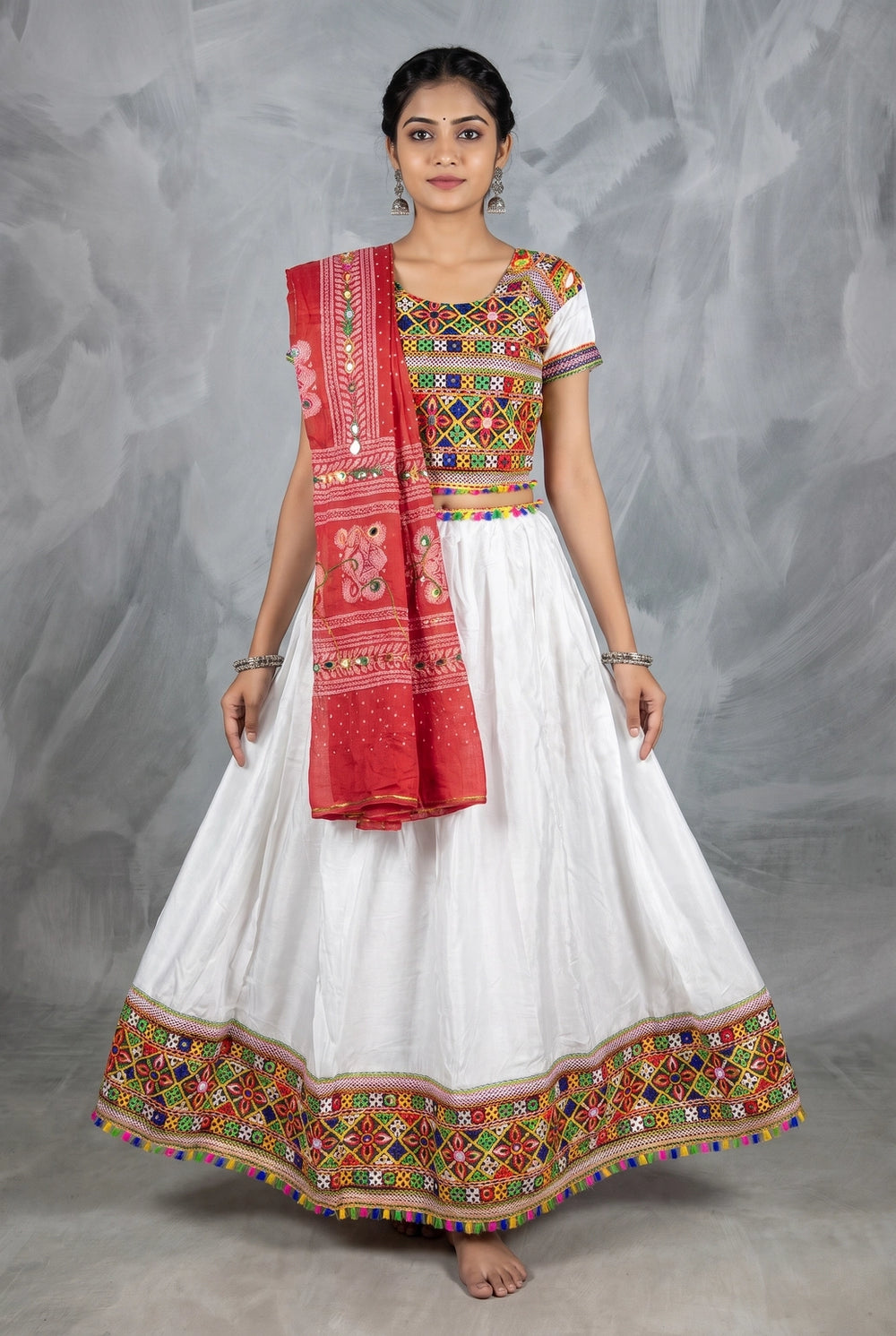 White Navratri Chaniya Choli with Kutchi Mirror Work Choli and Flared Lehenga Skirt Set - White