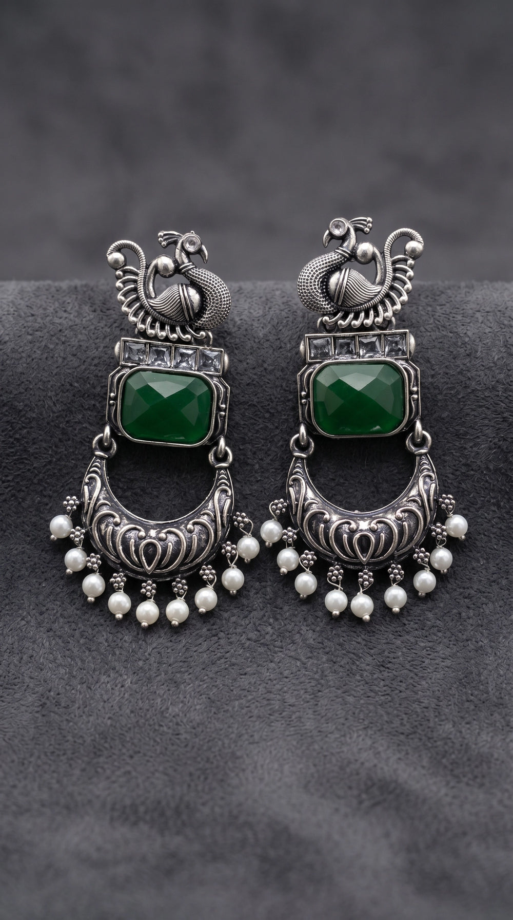 Antique Peacock Green Stone Fashion Earrings with Clear Crystals and Pearl Drops, Statement Ethnic Jhumka - Green