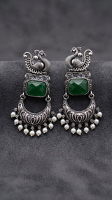 Antique Peacock Green Stone Fashion Earrings with Clear Crystals and Pearl Drops, Statement Ethnic Jhumka - Green