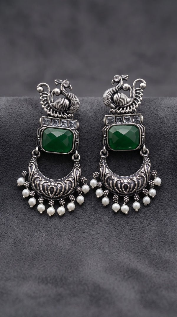 Antique Peacock Green Stone Fashion Earrings with Clear Crystals and Pearl Drops, Statement Ethnic Jhumka - Green