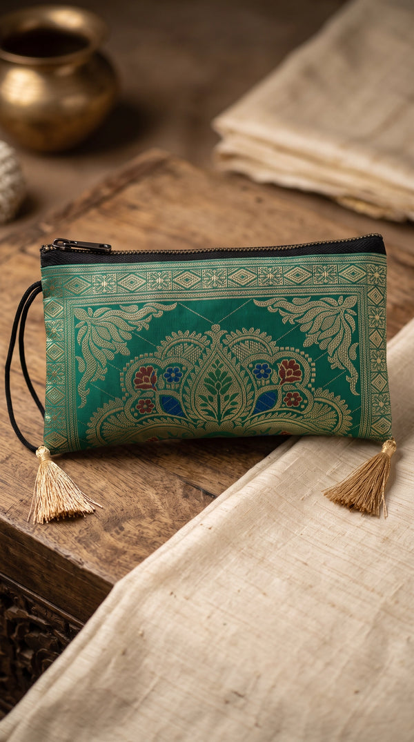 Teal Green Banarasi Brocade Zip Pouch Clutch with Tassel, Embroidered Nylon Hand Bag for Women - Teal Green