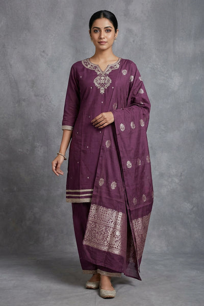 Roman silk 3 piece set,Top and Palazzo Pant with Elastic, Beautiful embroidery and beads Handwork neck design kurti , Comes with Banarasi Du - Dark Purple
