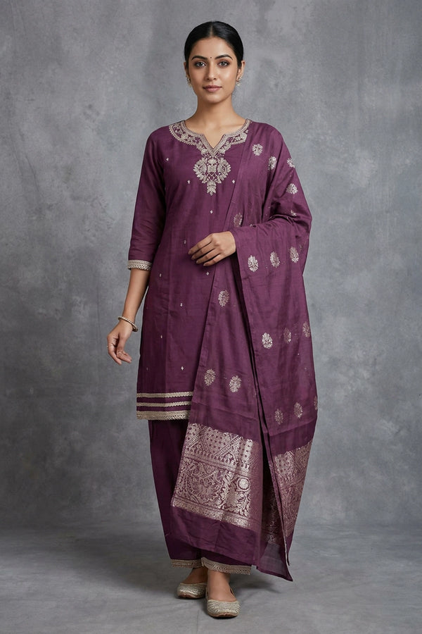 Roman silk 3 piece set,Top and Palazzo Pant with Elastic, Beautiful embroidery and beads Handwork neck design kurti , Comes with Banarasi Du - Dark Purple