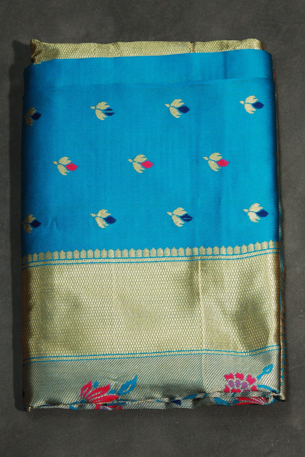 Kamal Paithani Silk Floral Design Pallu Saree With Design Border, Full body small floral butties,  saree comes with blouse - Blue