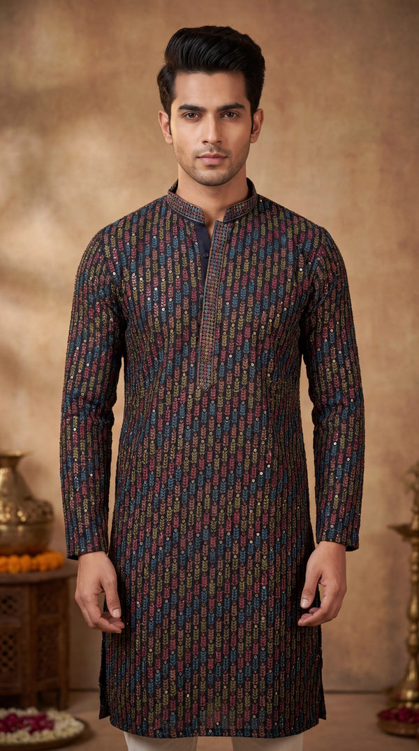 Men’s Black Cotton Kurta with Leaf Embroidery & Gold Sequin Work (Pareek) for Festive Wear - Black