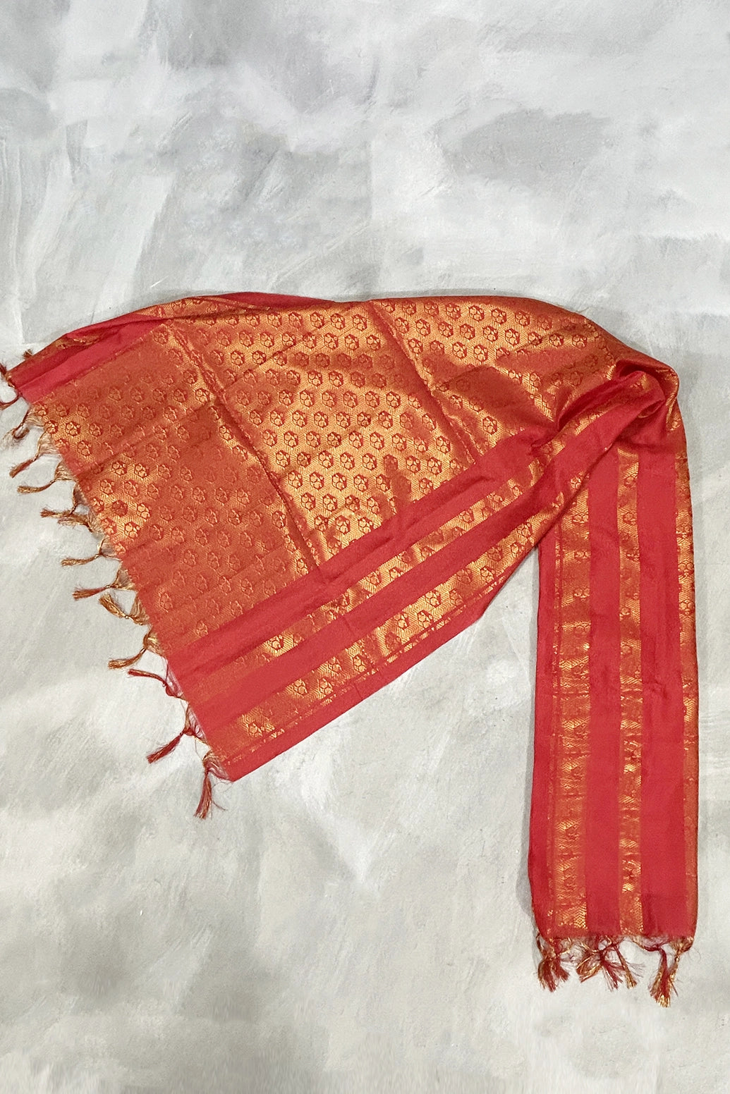 Red Ponnadai Poly Silk Jacquard Temple Shawl with Zari Pattern and Tassels for Temple Visits, Pooja & Functions - Red