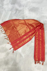 Red Ponnadai Poly Silk Jacquard Temple Shawl with Zari Pattern and Tassels for Temple Visits, Pooja & Functions - Red
